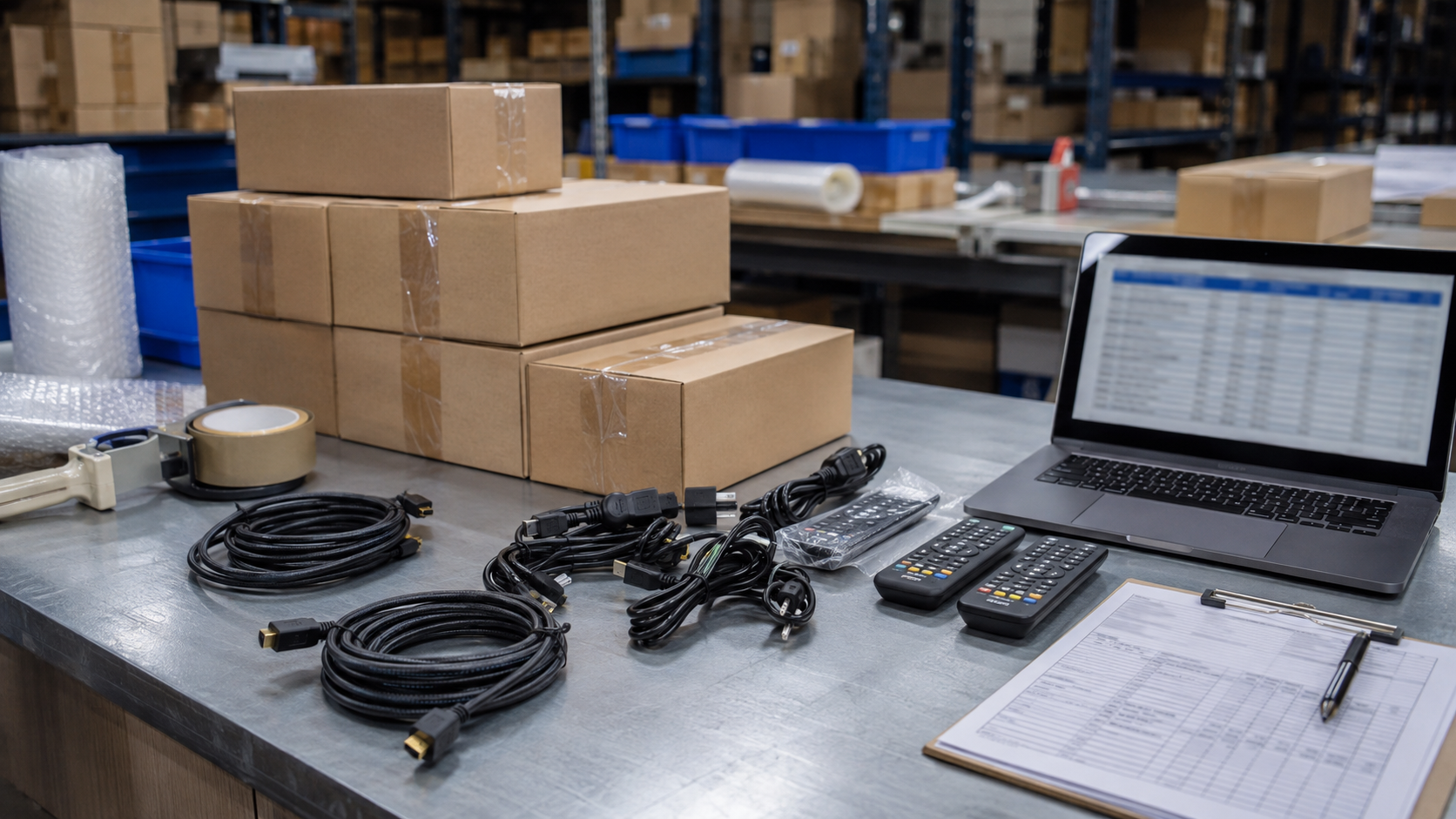 Shipping station with cartons, cables, remote controls, and fulfillment records