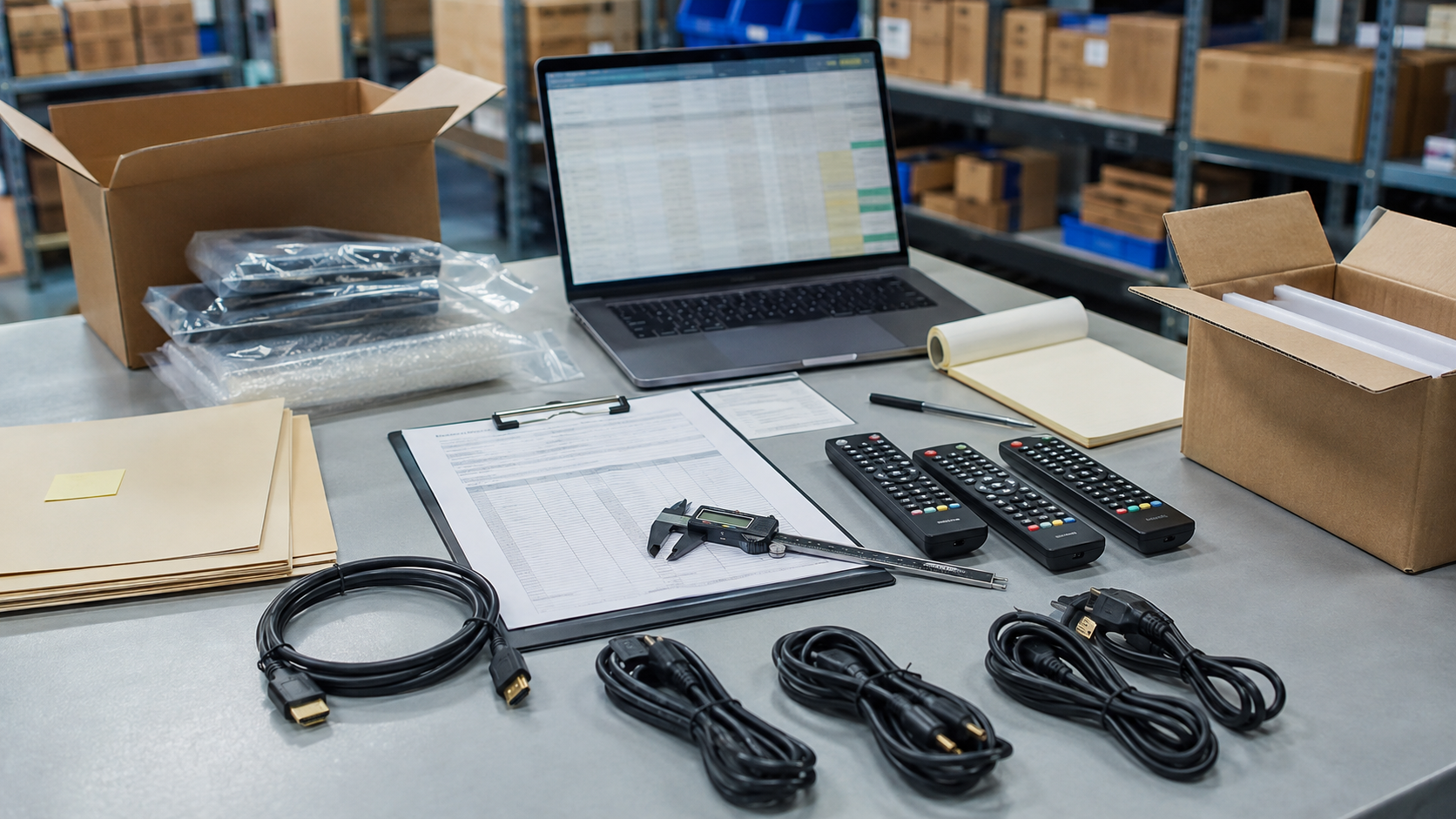 Warehouse workbench with electronics accessories and blurred specification records