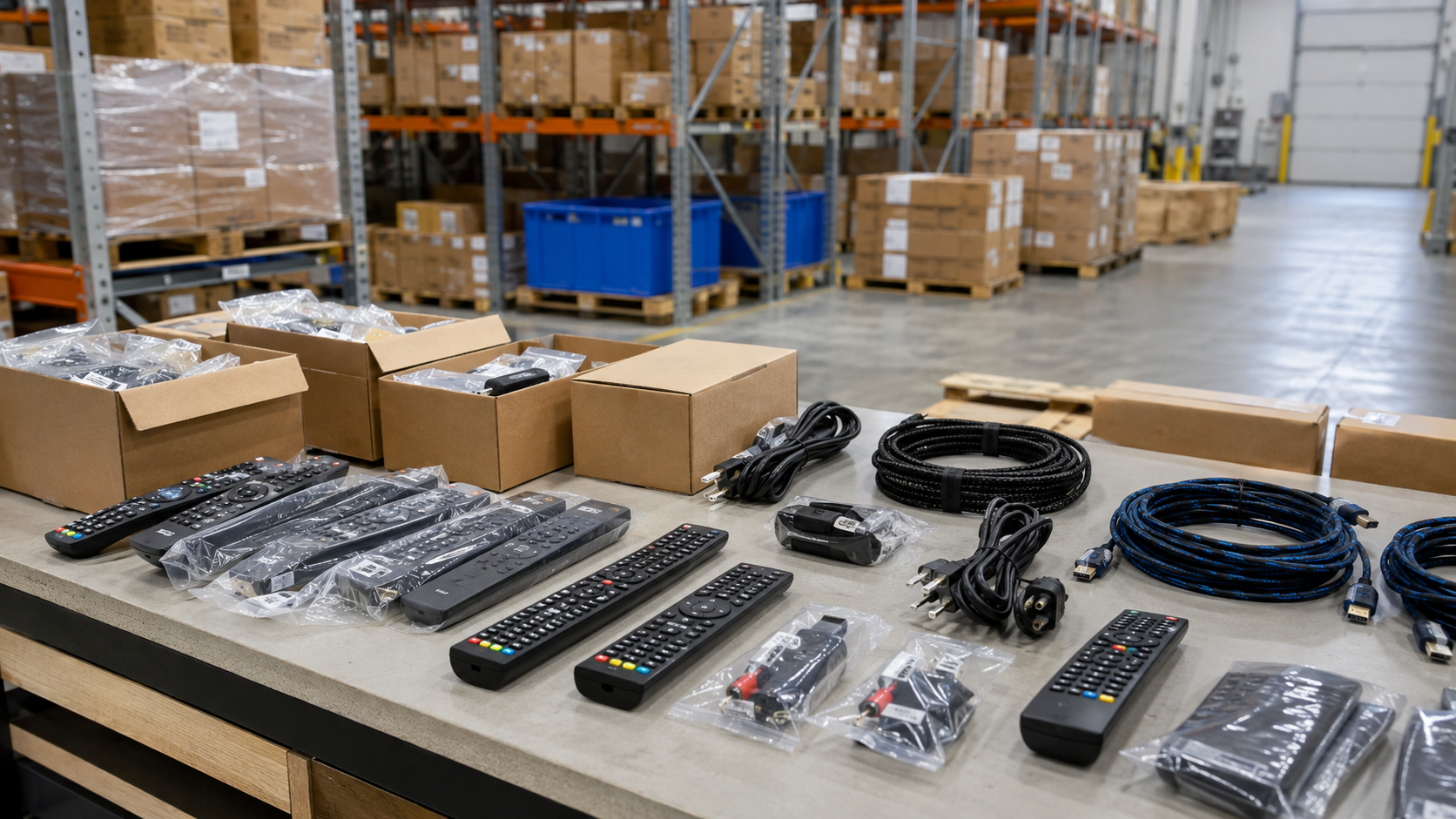 Warehouse inventory table with TV remote controls, HDMI cables, power cords, and business cartons