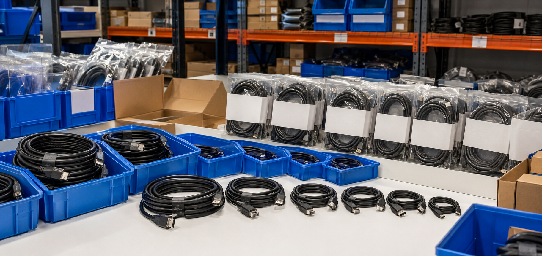 HDMI cable assortment organized in a business stockroom