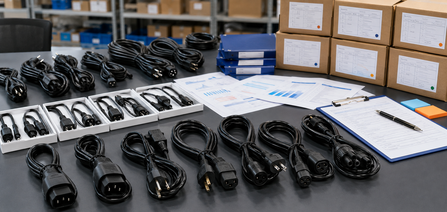 Business team reviewing power cord specifications and requirements