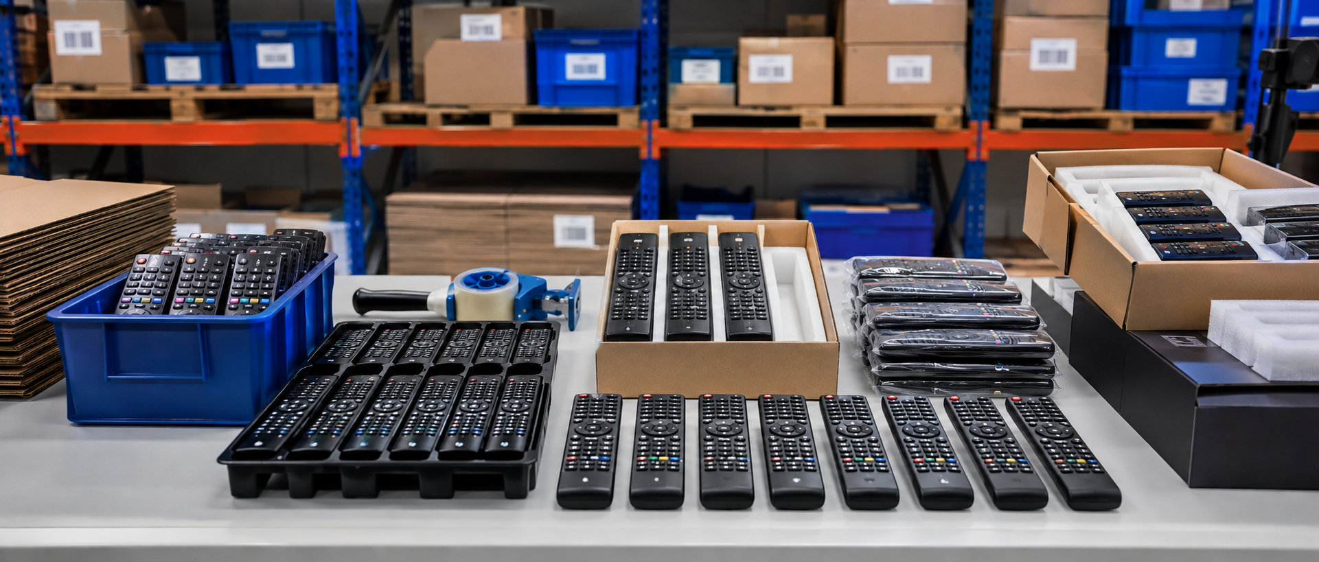 Organized TV remote control inventory prepared for business distribution